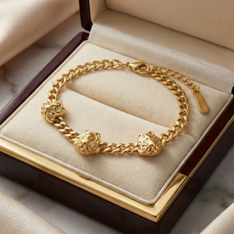 A stylish gold bracelet made of rust-resistant stainless steel, with a wide chain design and three luxurious prominent tiger-shaped heads, with an adjustable clasp to fit you. - Image 5